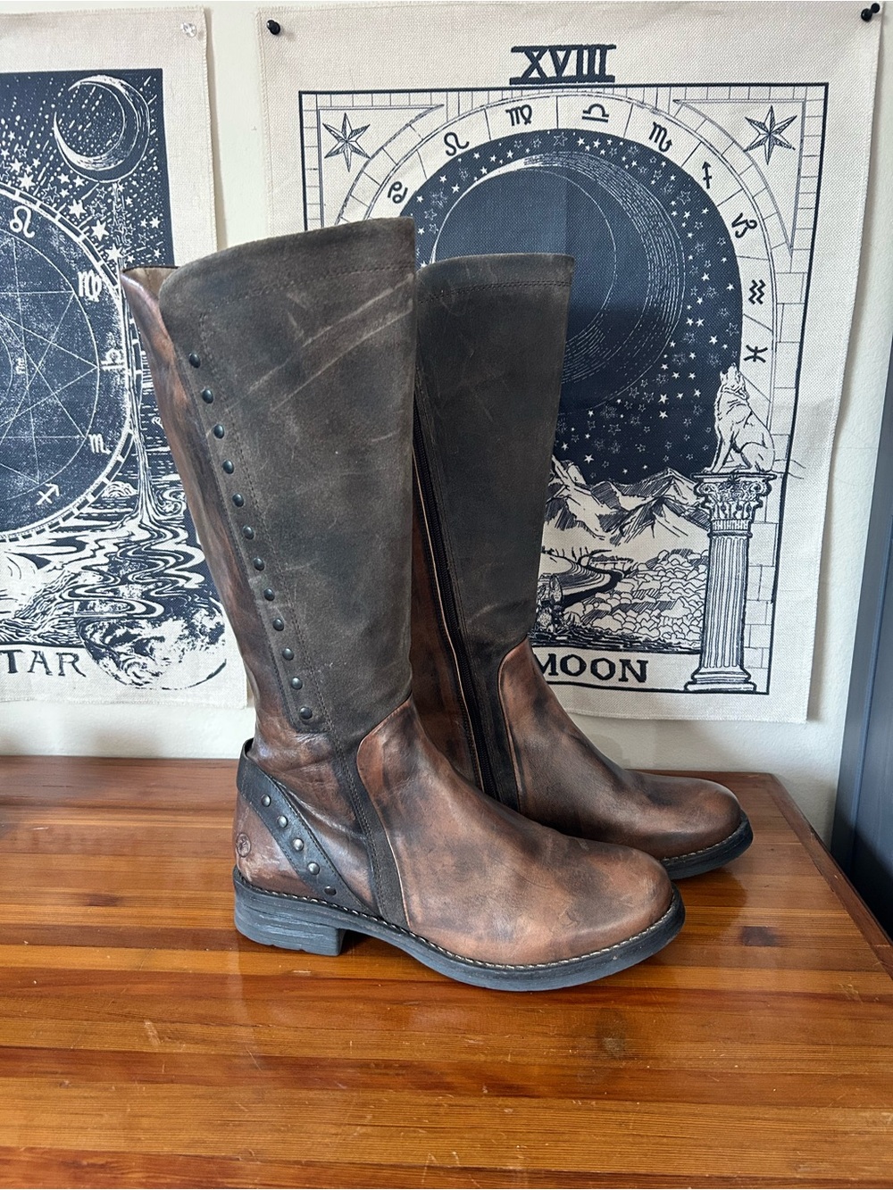 Casta Roma Taupe Tall Leather Riding Boots Distressed Moto Studded - Picture 2 of 9